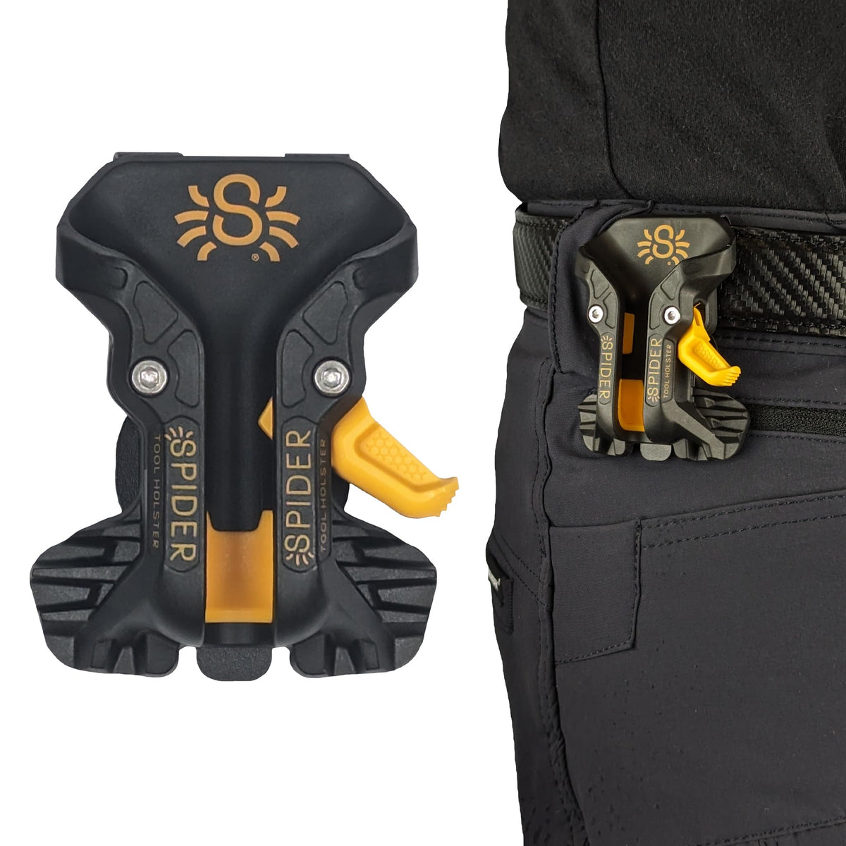 Spider Pro Tool Holster shows belt-clip attachment for secure, quick access to tools.