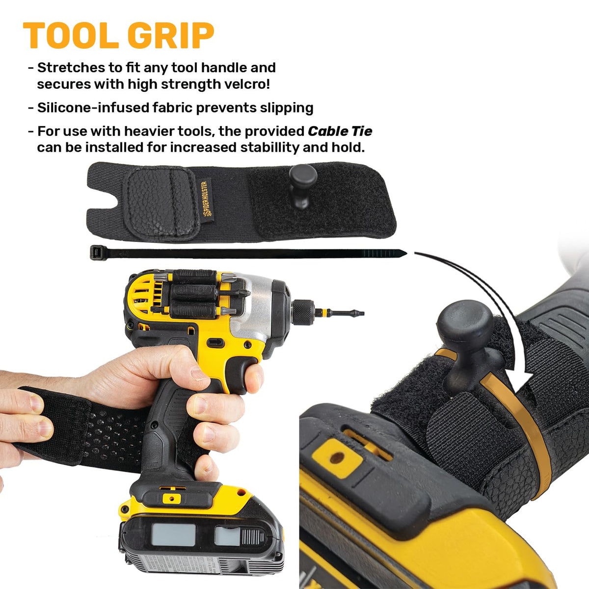 Spider Tool Grip Elastic Attachment fits many handles for a snug, versatile grip