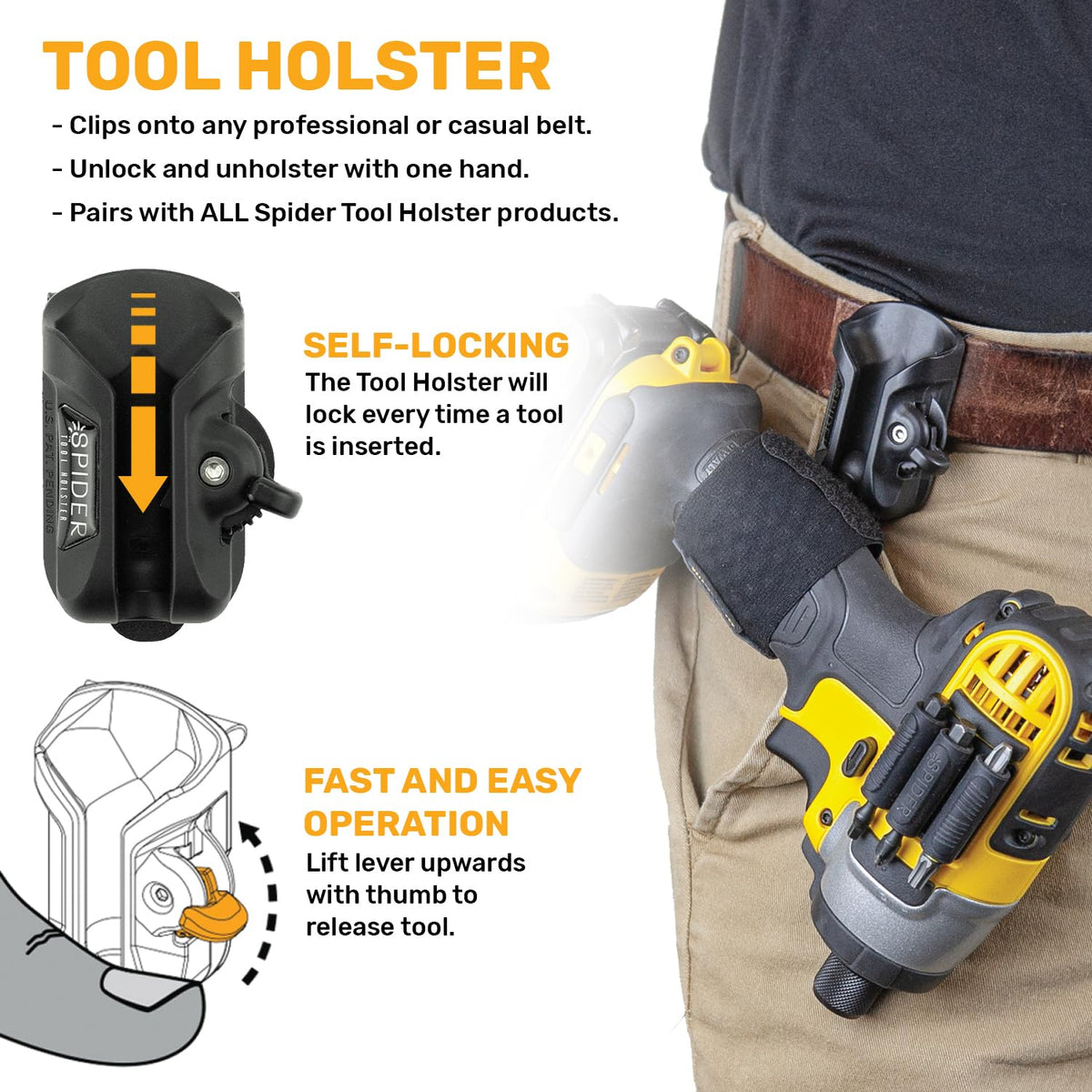 Spider Tool Holster clip-on belt design enables hands-free tool reach