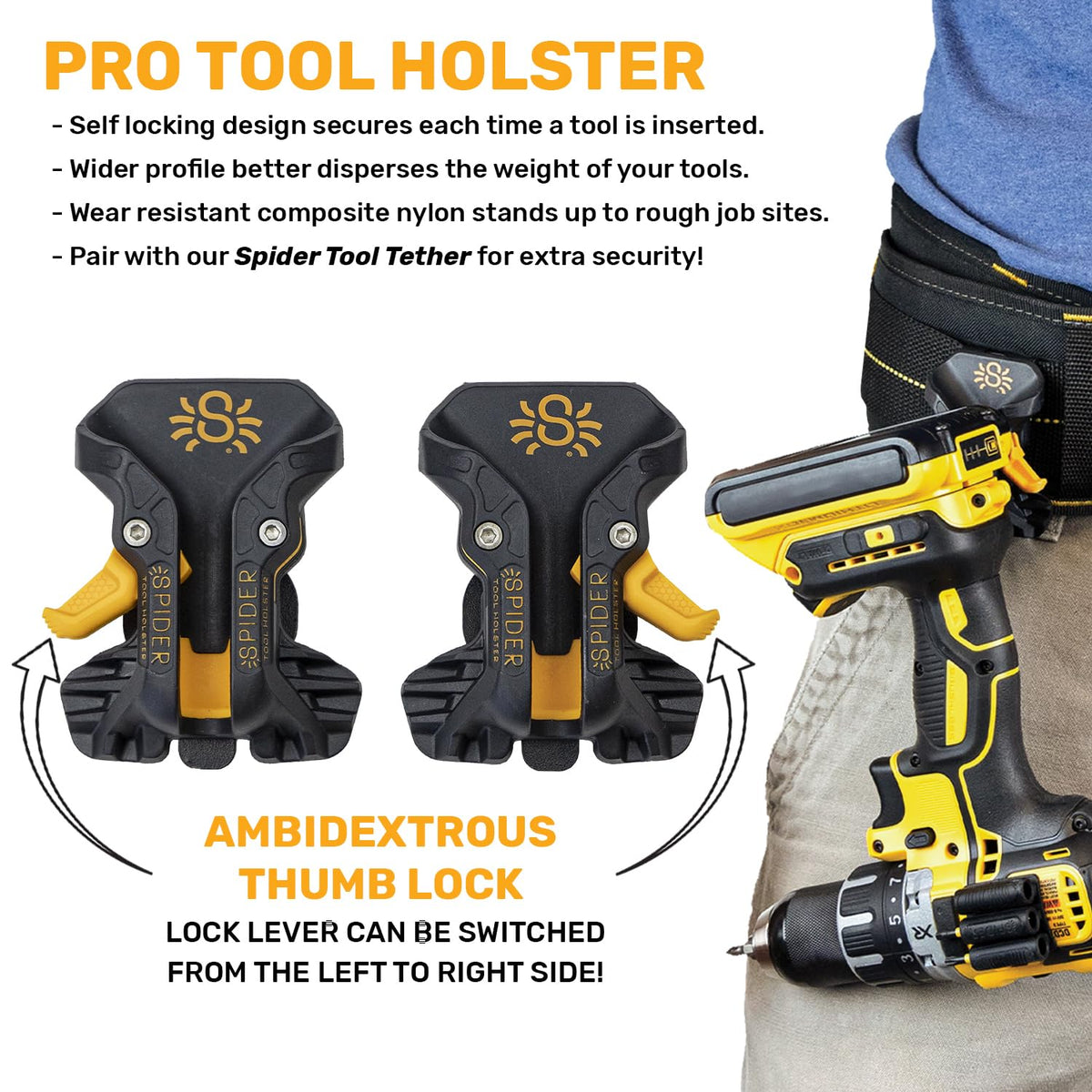 Spider Tool Holster Pro ambidextrous thumb lock in use