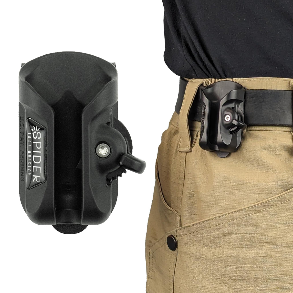 Spider Tool Holster self-locking clip secures tools on belts for quick access