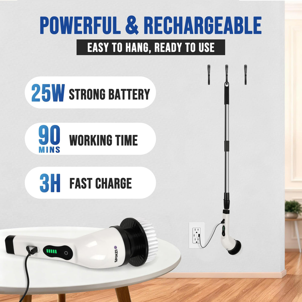 Spinzio dual-speed control provides gentle or deep cleaning on demand.