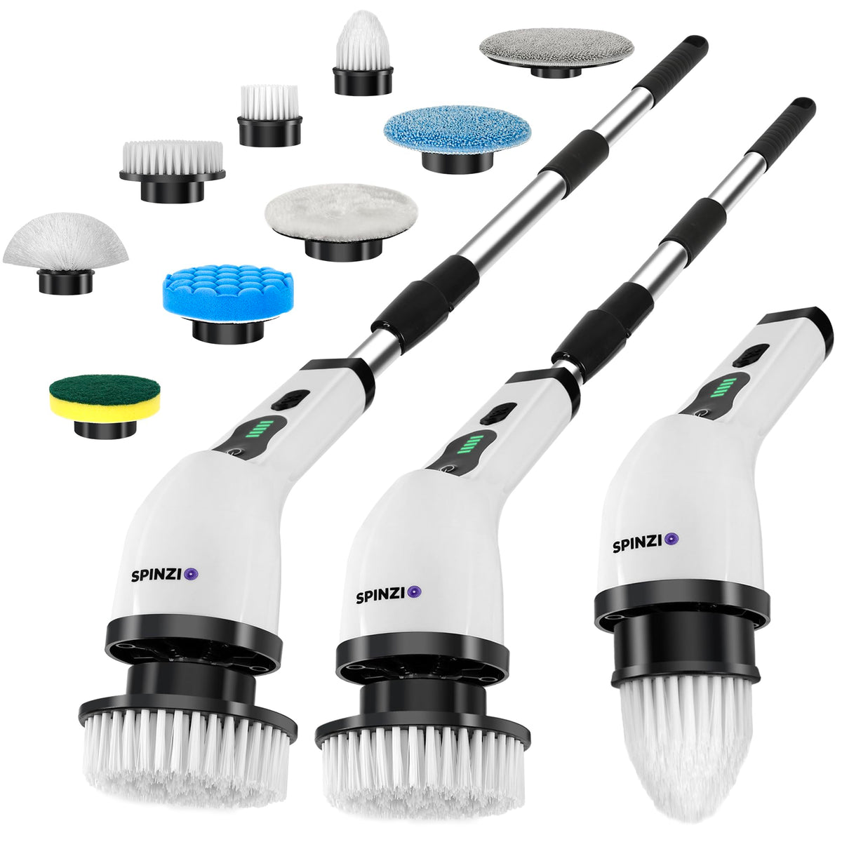 Spinzio electric spin scrubber with LCD display showing battery status for easy charging.
