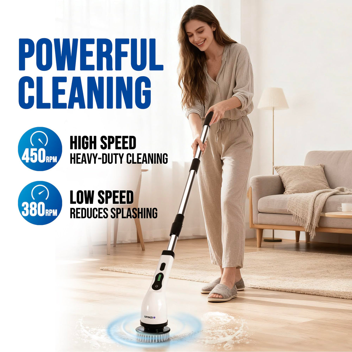 Spinzio IPX7 waterproof design supports safe cleaning in wet areas.