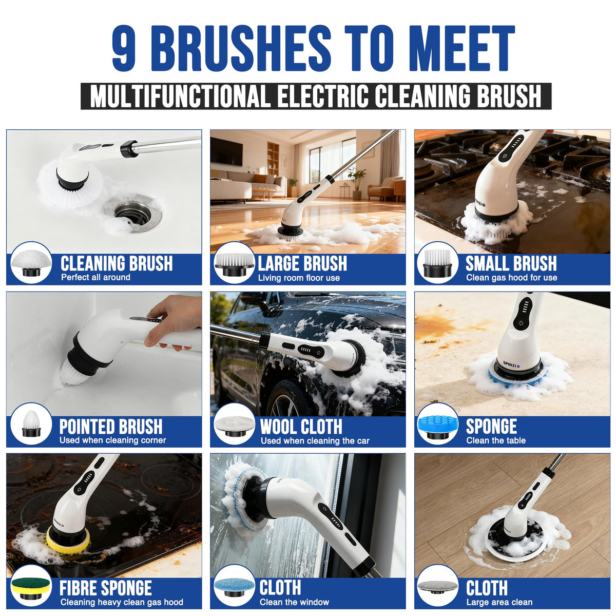 Spinzio nine brush heads offer versatile cleaning for every surface.
