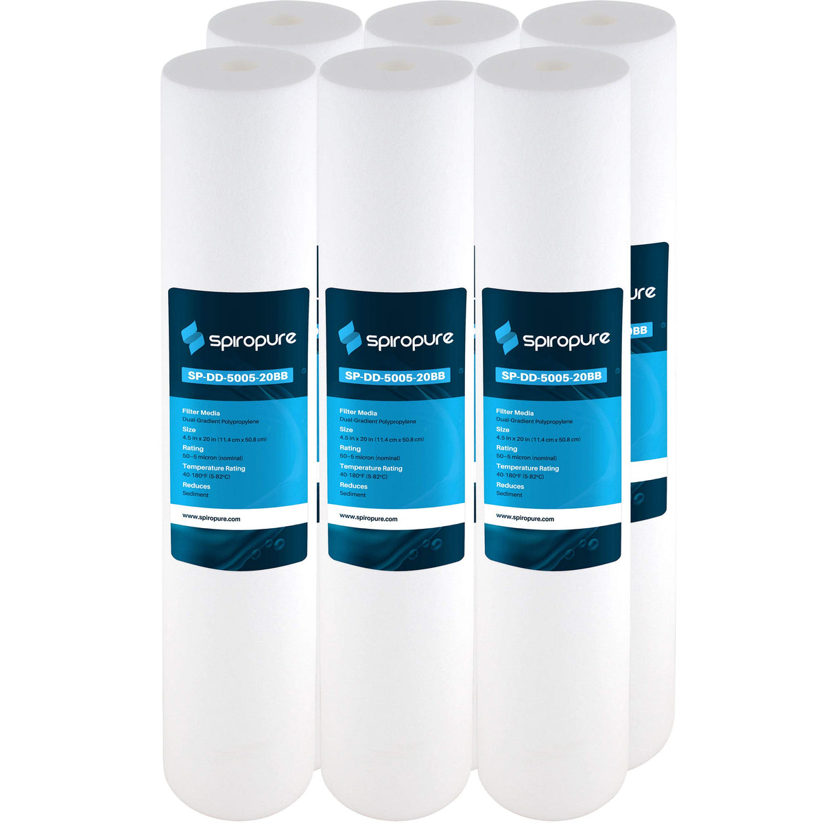 SpiroPure SP-DD-5005-20BB cartridge packaging shows six-pack convenience for replacement