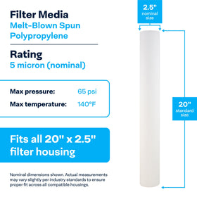 SpiroPure SP-P5-20 20x2-5 cartridge image highlights standard housing compatibility.