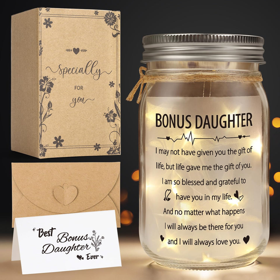 Splendest bonus daughter mason jar night light glowing softly by nightstand