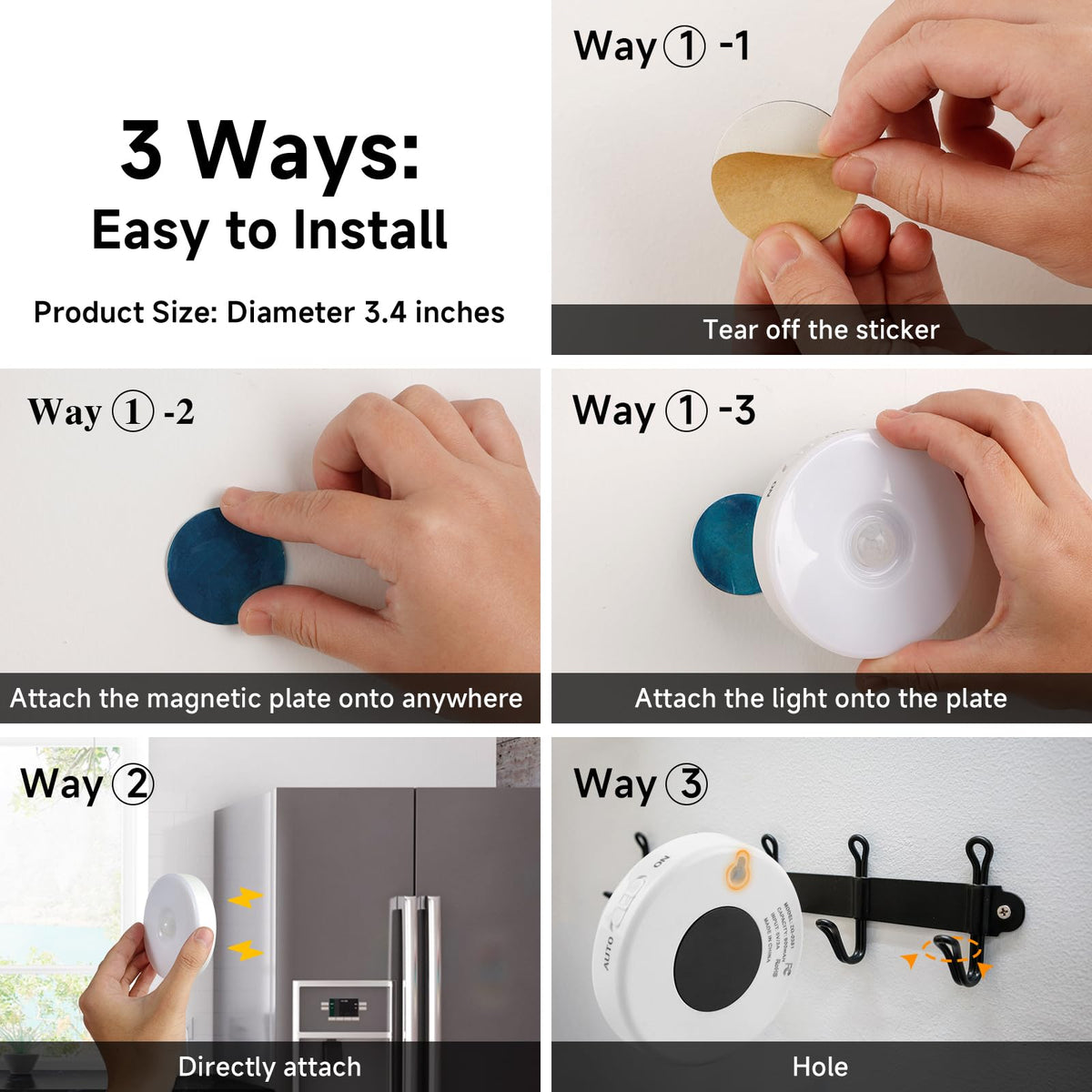 Splued motion sensor light mounted with magnetic plate for easy wire-free installation