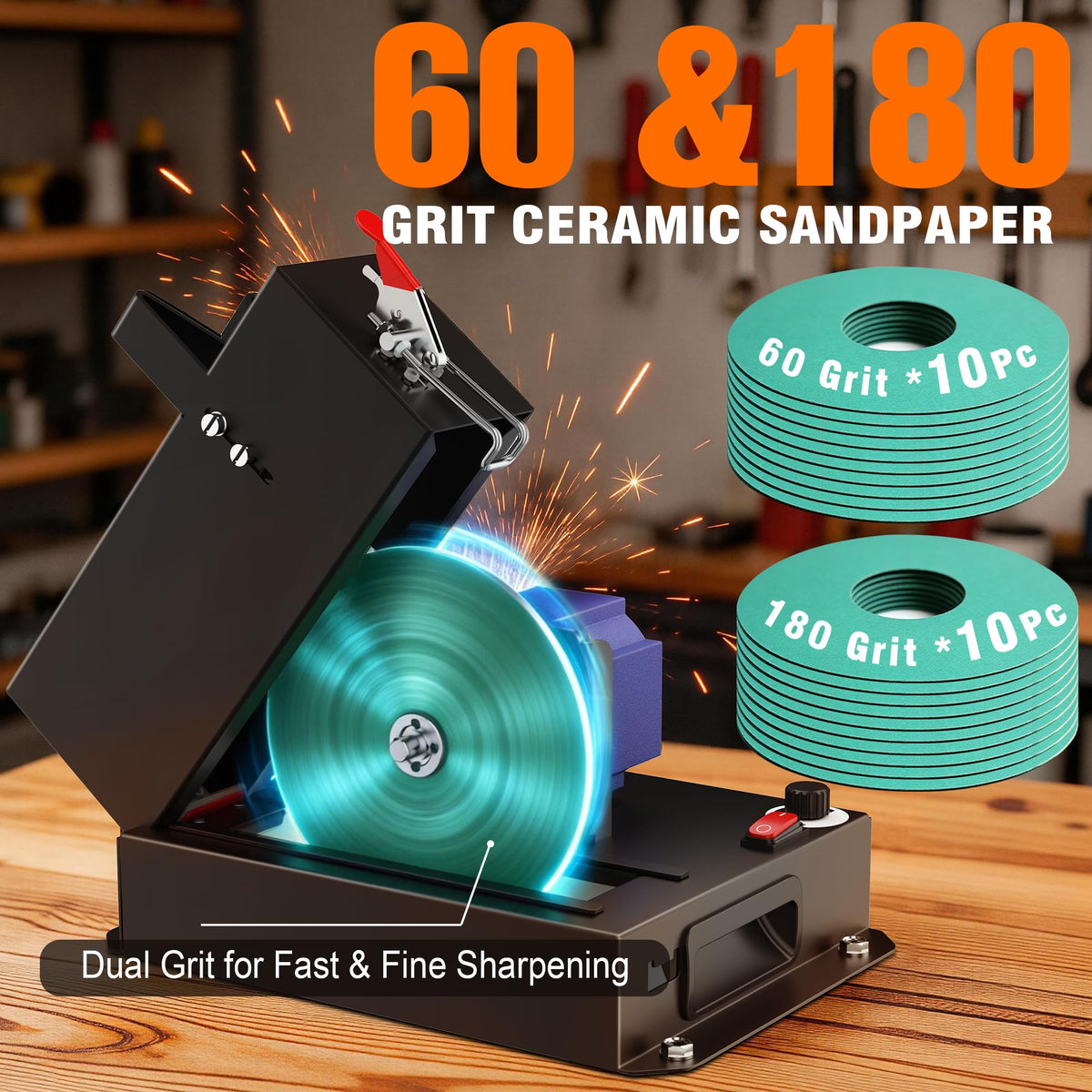 SporGain sanding discs 60-grit pack for initial sharpening and edge shaping.