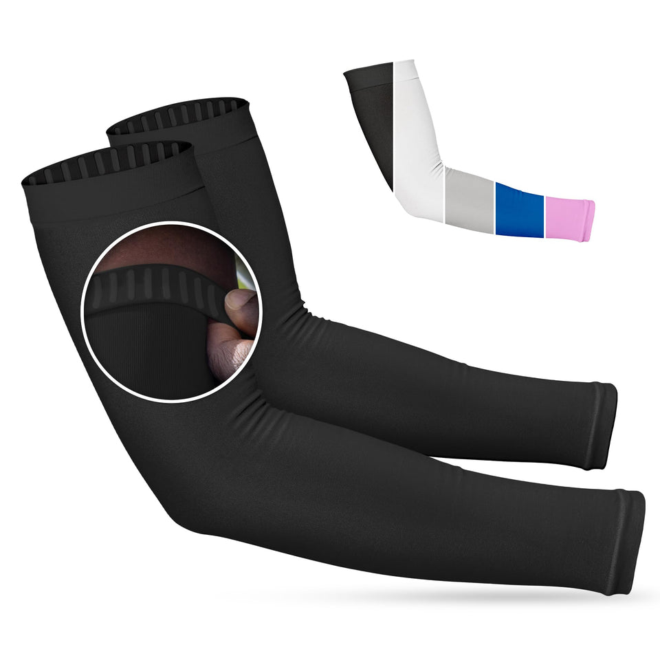 SportsTrail non-slip arm sleeves shown on model for secure, comfortable workouts.