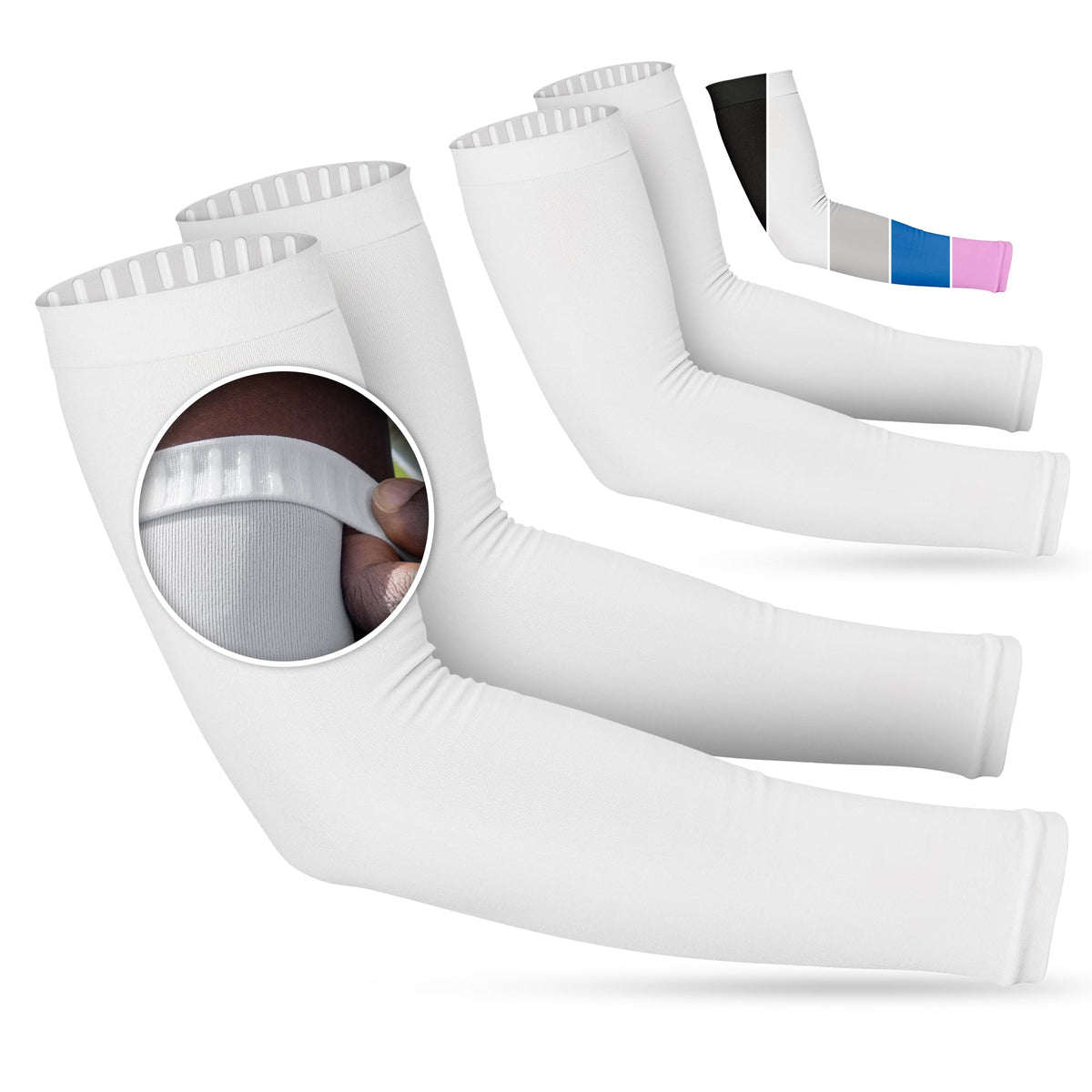 SportsTrail non-slip arm sleeves closeup demonstrating secure fit for runs