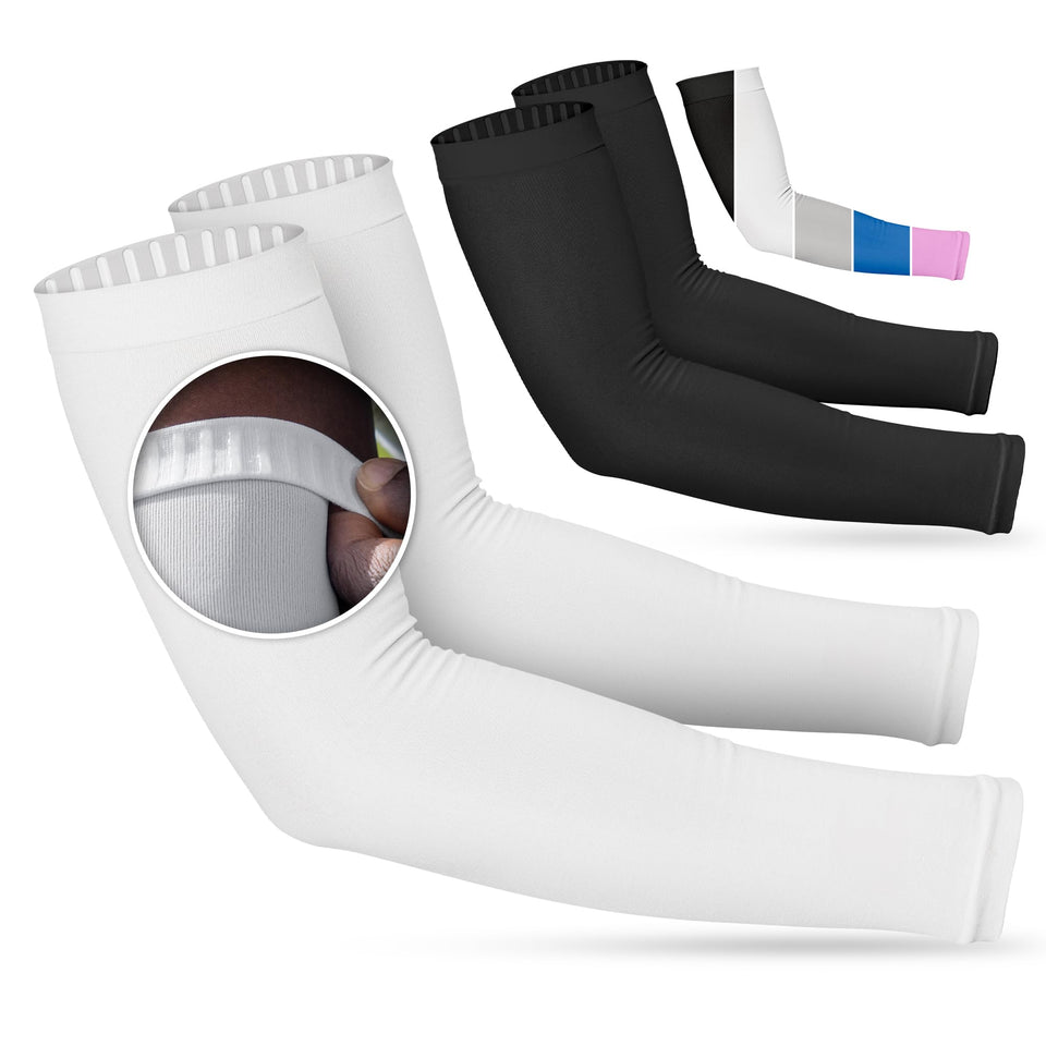 SportsTrail non-slip arm sleeves shield skin from sun with cooling, breathable fabric.
