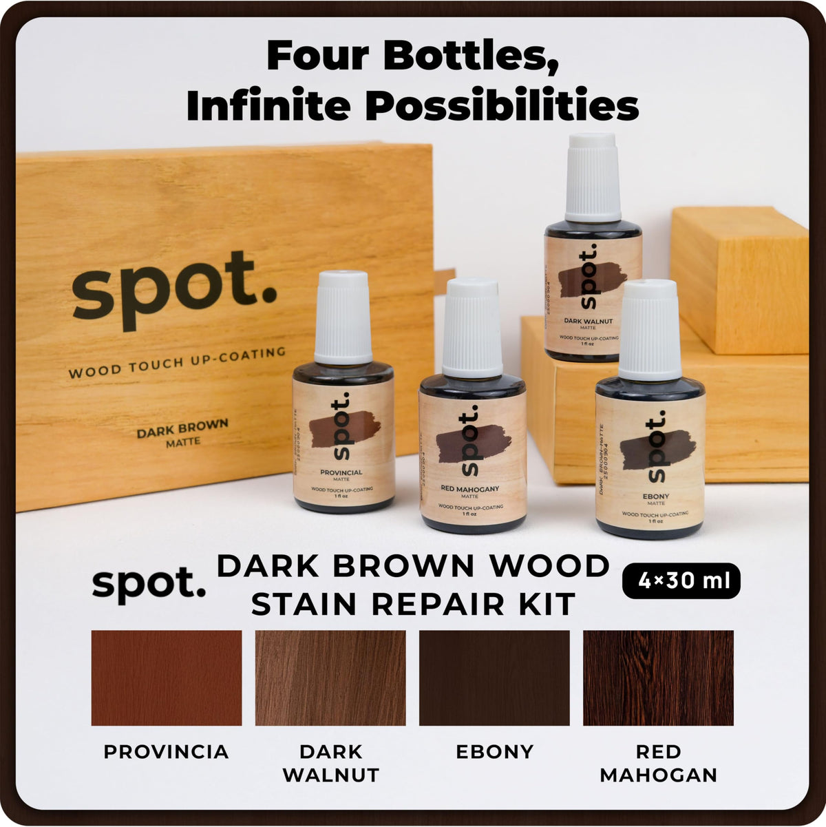 Spot Dark Brown Wood Stain Repair Kit dark walnut bottle shown for deep tone matching.