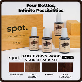 Spot Dark Brown Wood Stain Repair Kit dark walnut bottle shown for deep tone matching.