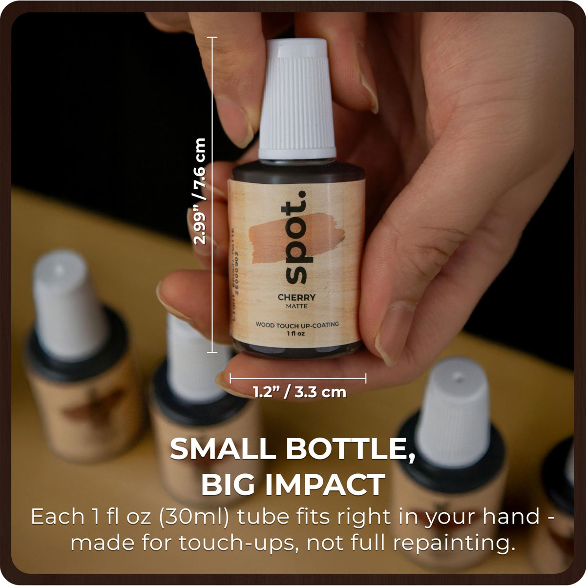 Spot Dark Brown Wood Stain Repair Kit ebony bottle shows a rich finish.