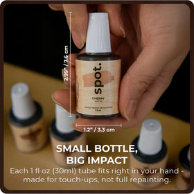 Spot Dark Brown Wood Stain Repair Kit ebony bottle shows a rich finish.