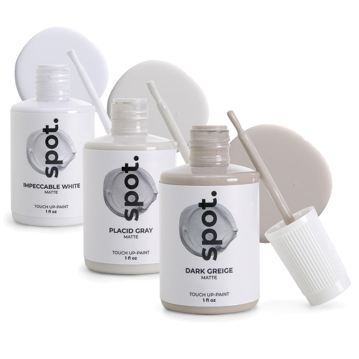 spot touch-up paint three-shades pack shows matte gray and white for quick repairs
