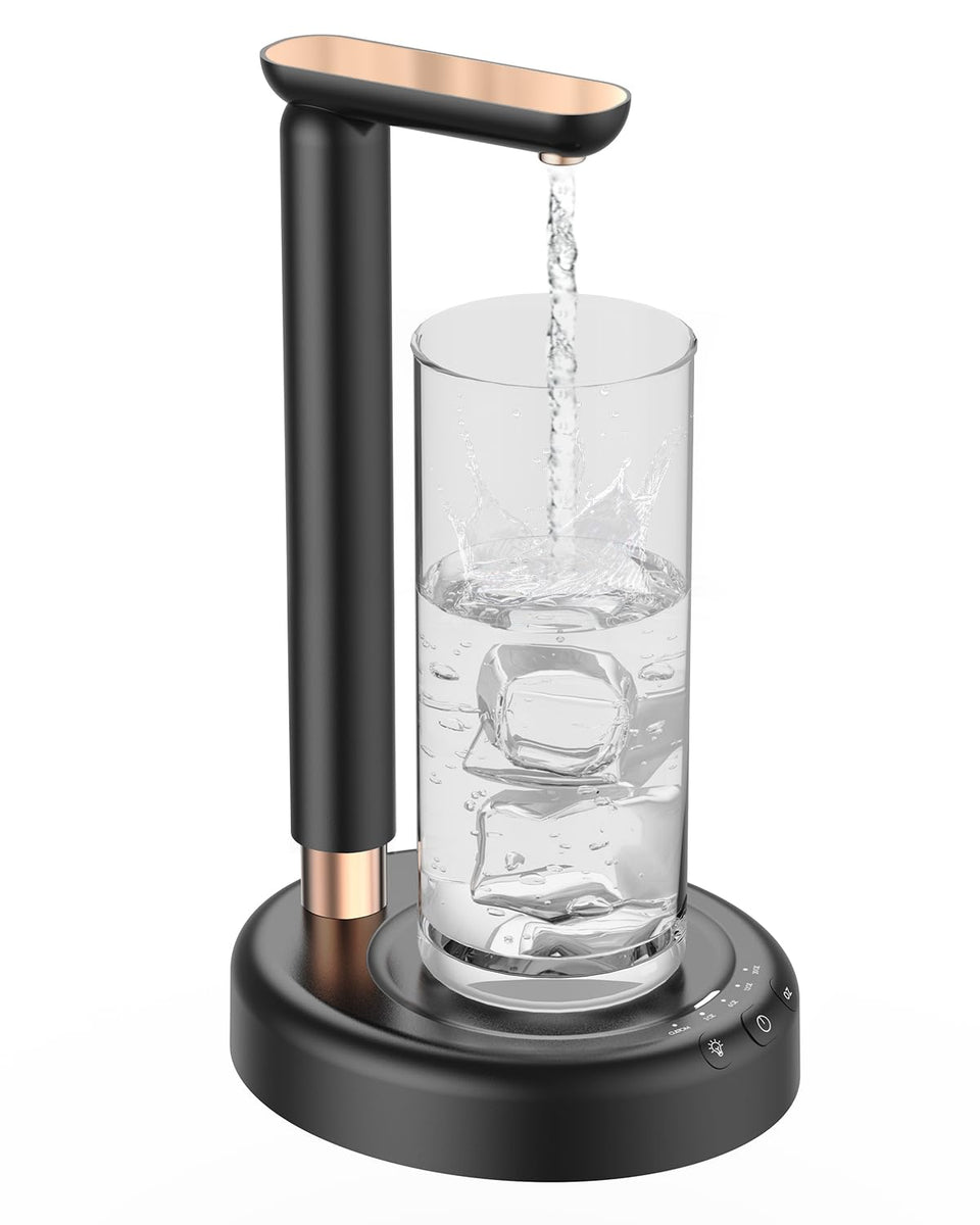 SPOVEN desktop water pump showing height adjustment for different cup sizes.
