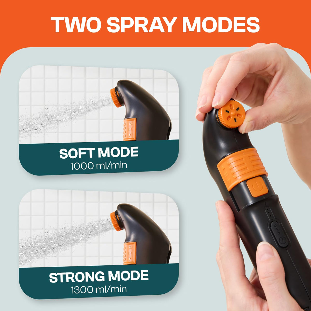 Spray Mate Jumbo dual-pressure modes for gentle and strong cleaning options.