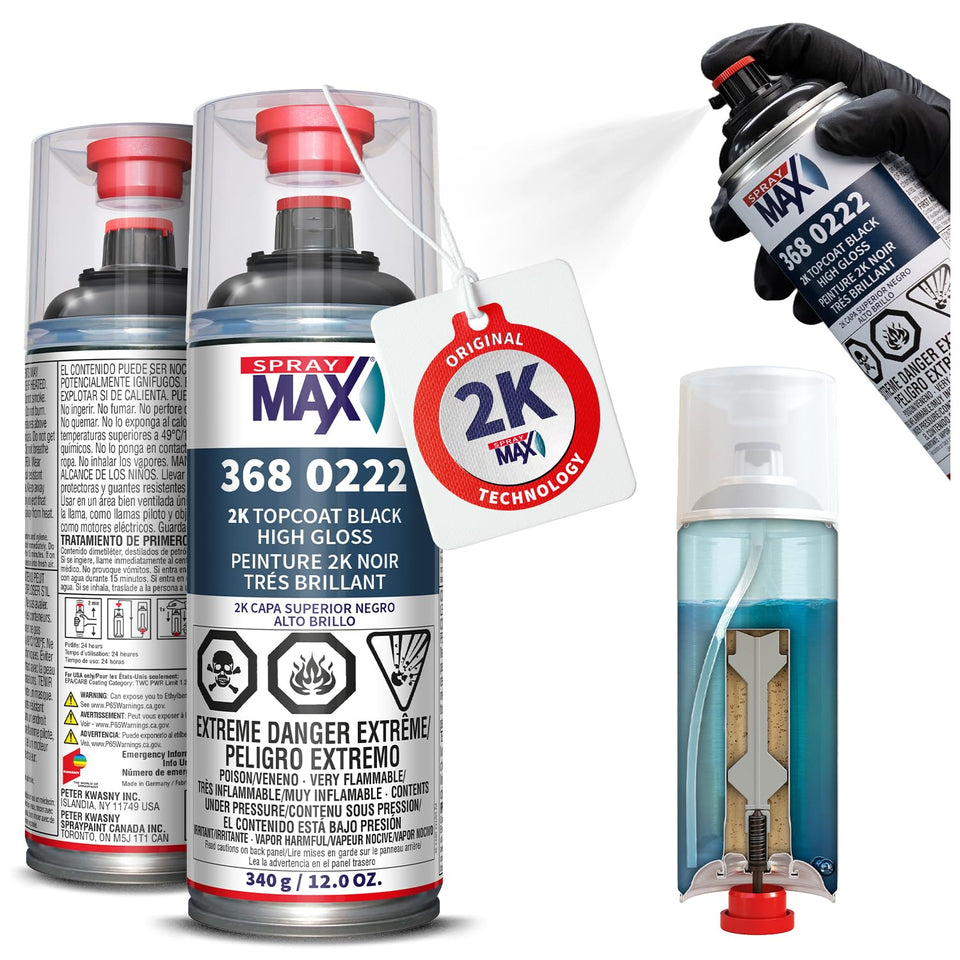 SprayMax 2K Topcoat can activation shows dual-chamber efficiency for reliable cure.