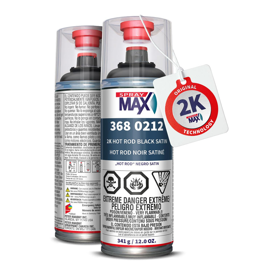 SprayMax hot rod satin black topcoat can for metal and plastic, delivering durable, professional-looking finish.