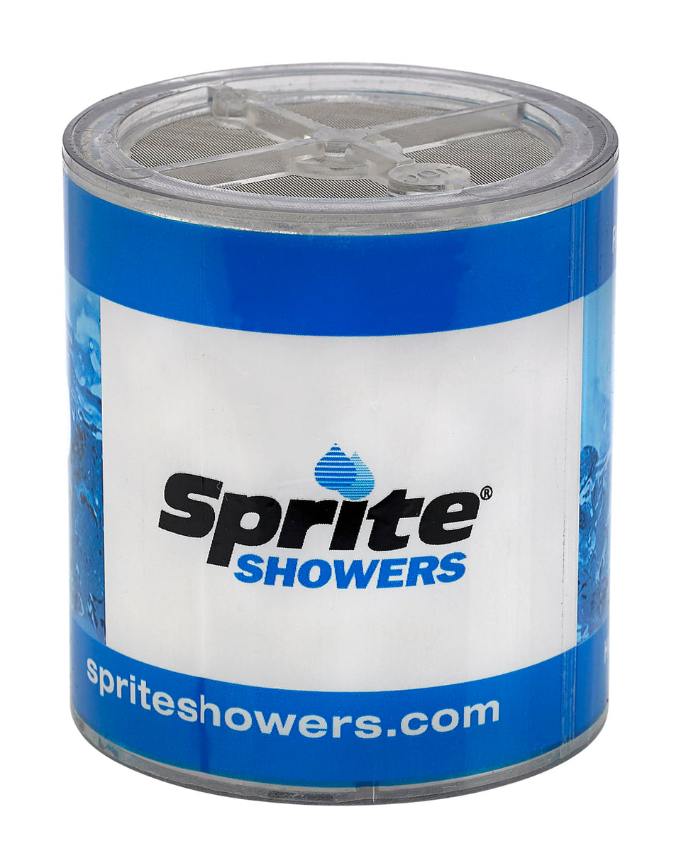 Sprite HOC replacement shower filter in clear casing reduces chlorine for a cleaner shower.