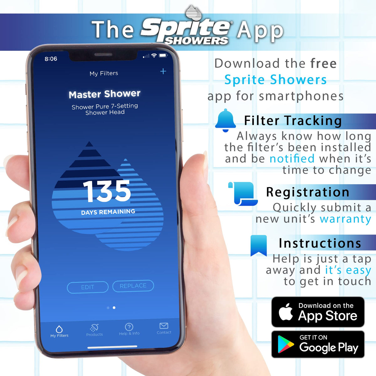 Sprite SL2-BN filter reduces chlorine and odors for a cleaner shower.