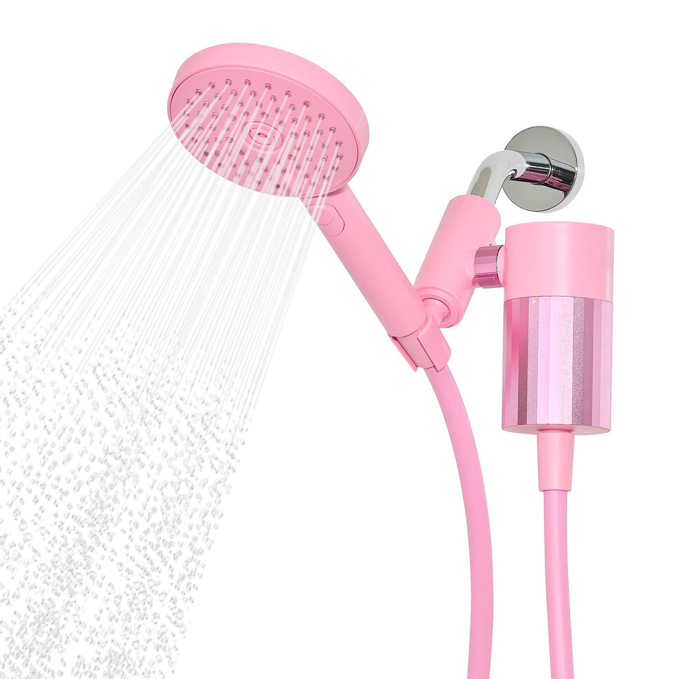Sproos! pink handheld showerhead closeup showing durable, comfortable design for daily use