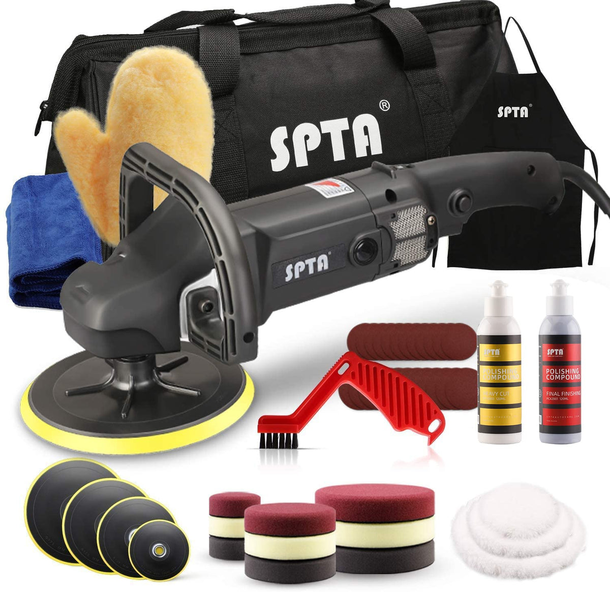 SPTA Buffer Polisher 7in frontal view highlighting the motor for fast detailing.