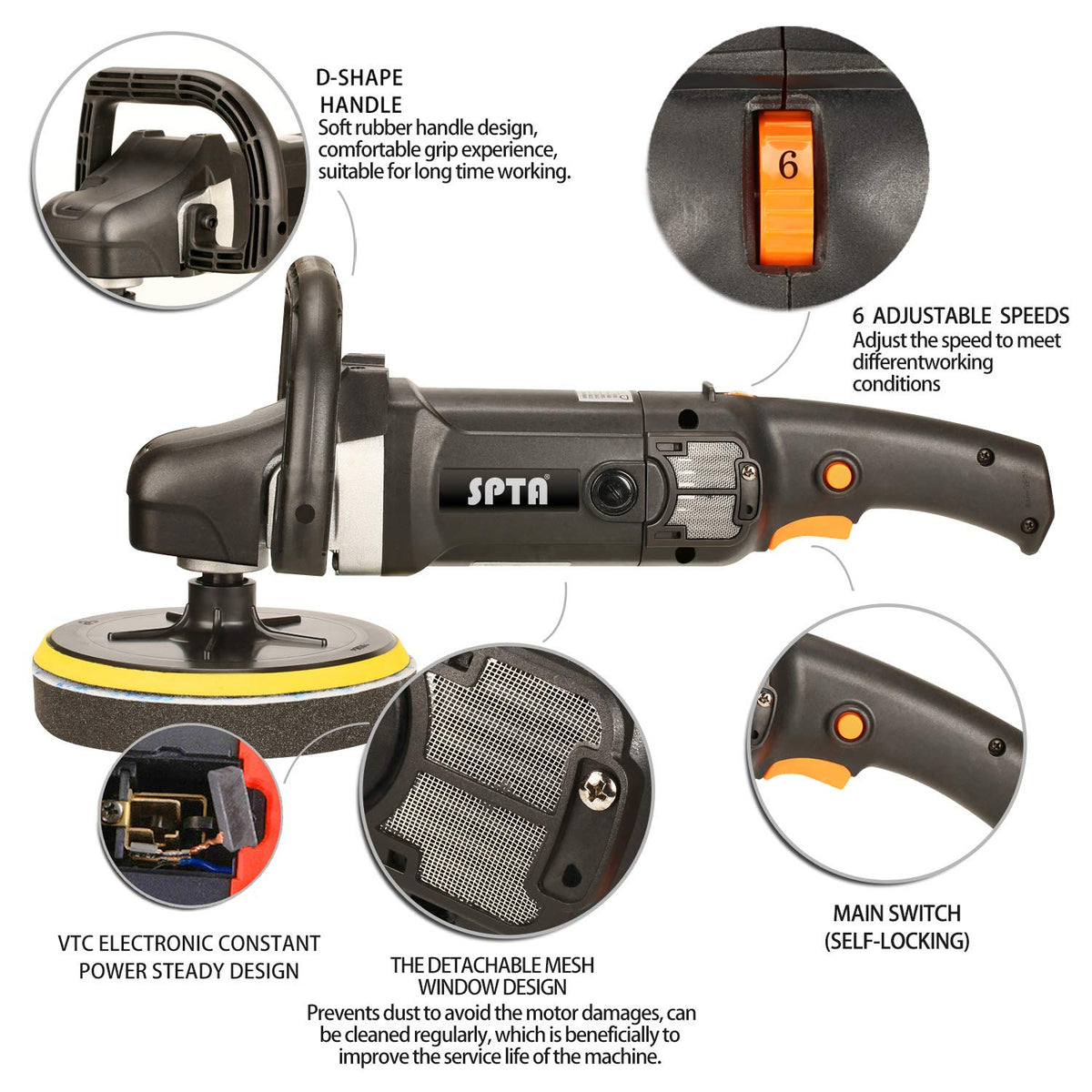 SPTA Buffer Polisher side D-handle enables ergonomic operation.