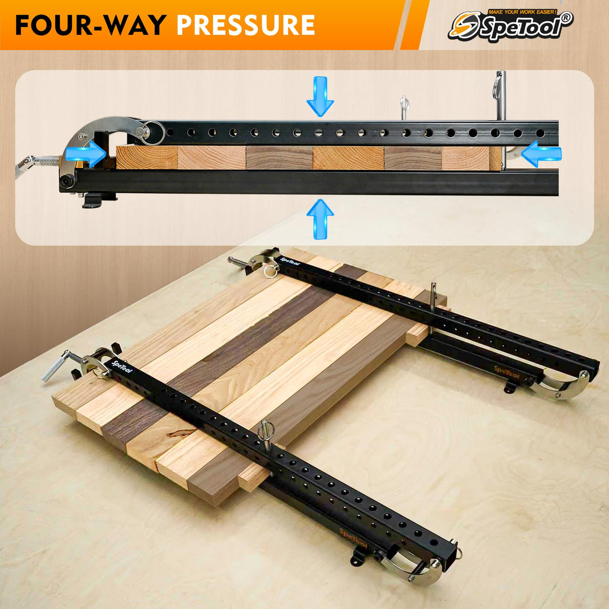 SpeTool adjustable parallelogram couplers enable multi-direction clamping.