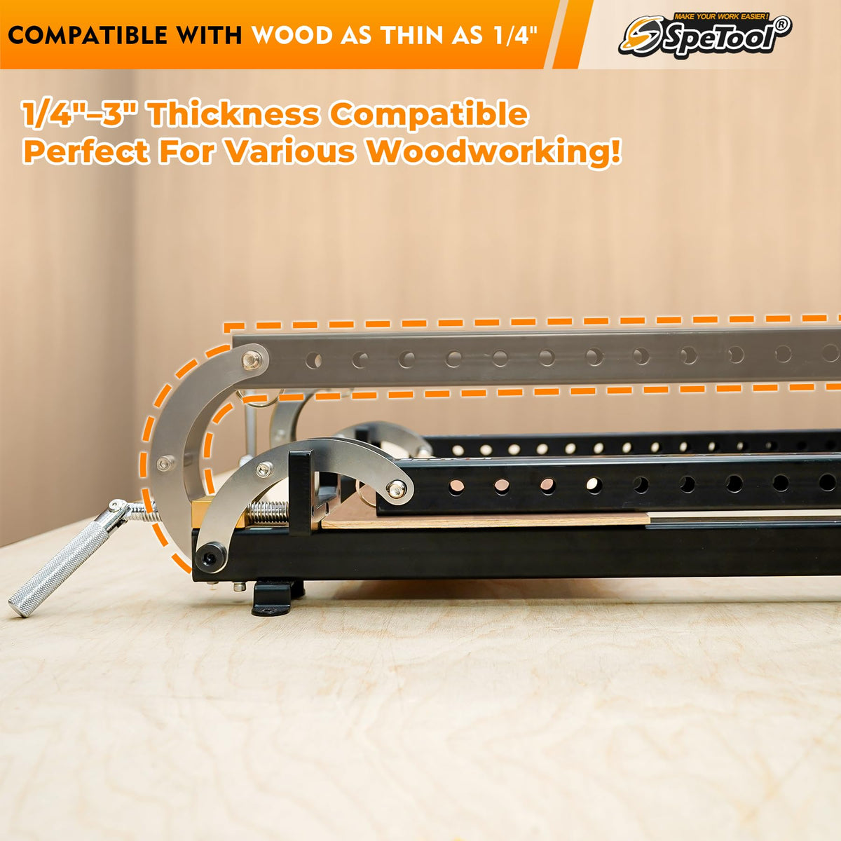 SpeTool clamp with powder-coat finish resists glue residue buildup.