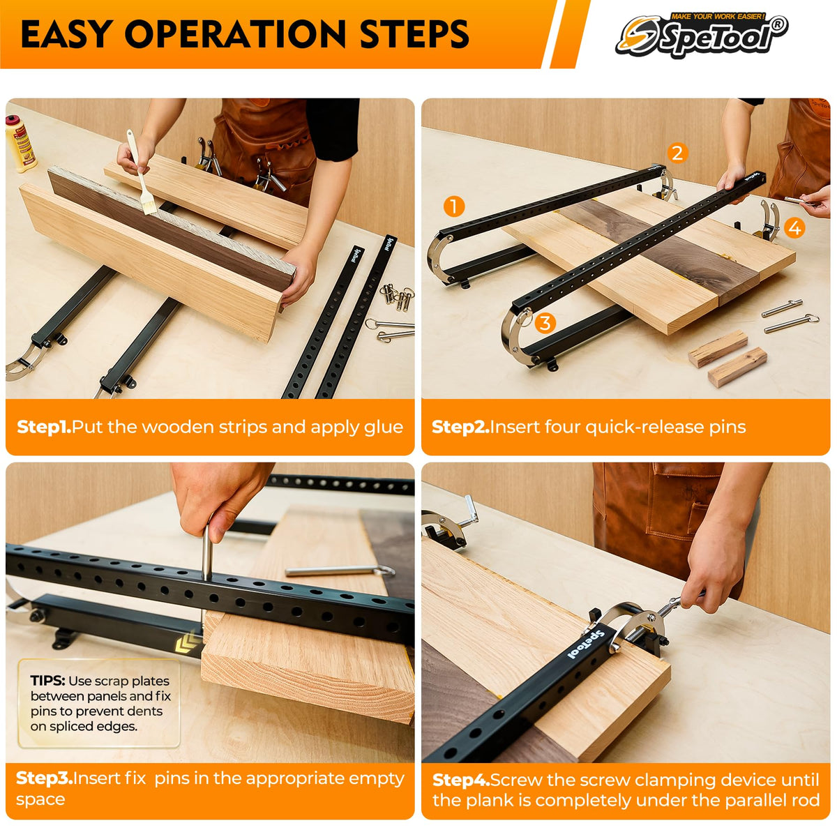 SpeTool panel clamp in use demonstrates even pressure along a panel.