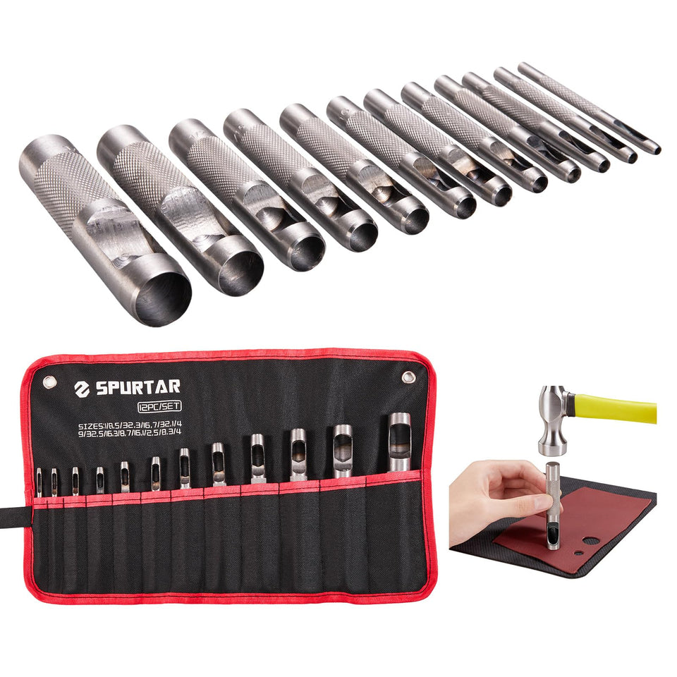 Spurtar 12-piece hollow punch set displayed for leatherwork