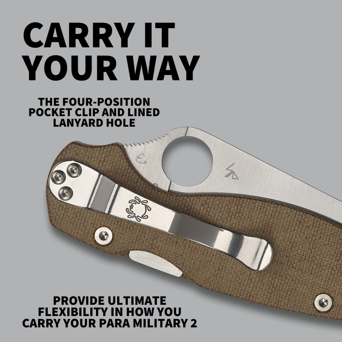 Spyderco Para Military 2 four-position clip illustrating carry versatility.