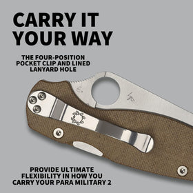 Spyderco Para Military 2 four-position clip illustrating carry versatility.