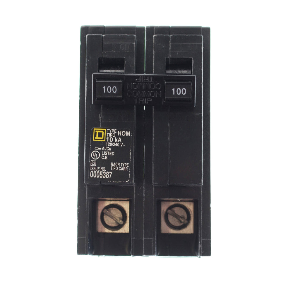 Square D Hom2100 2P 100A front view with plug-on mount for easy wiring