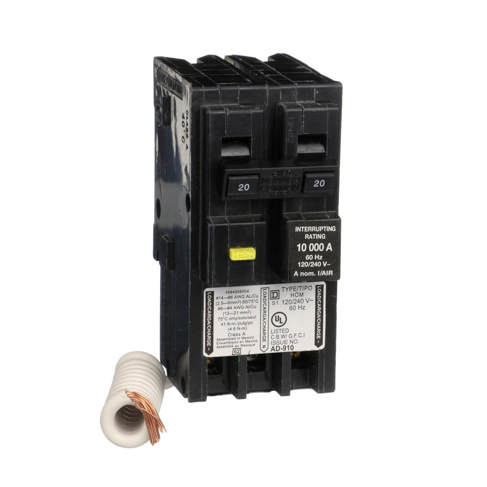 Square D HOM220GFIC front view for quick plug-in installation in Homeline panels.