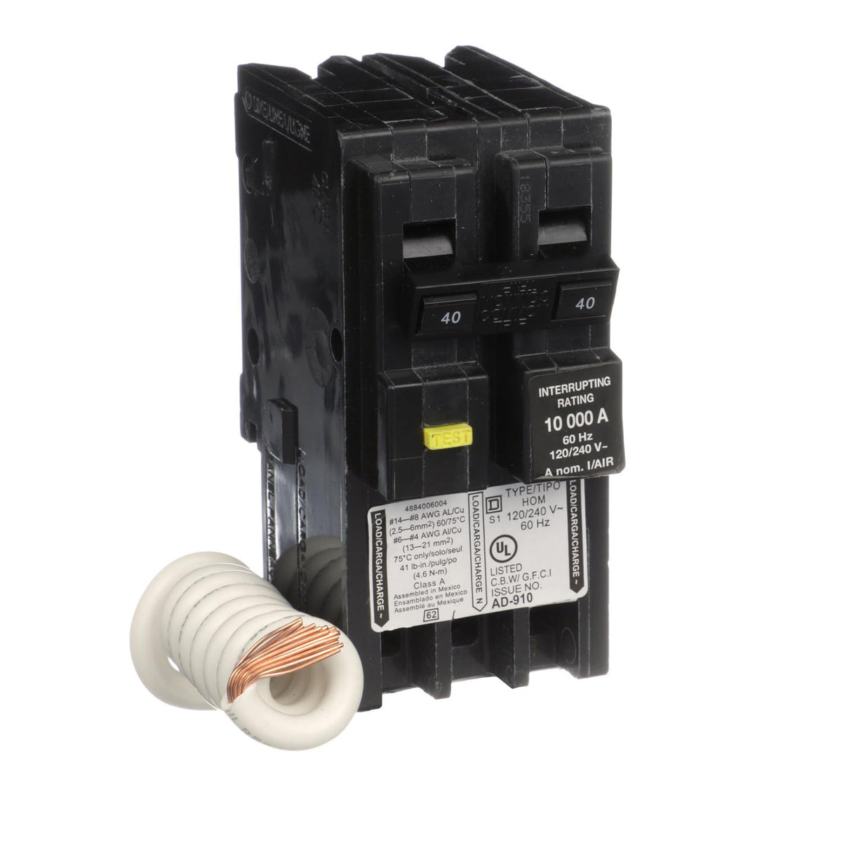 Square D HOM240GFIC front view highlights compact two-pole protection for home panels.