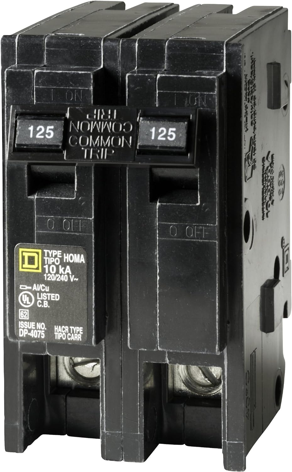 Square D Homeline 125A 2-pole breaker dimensions show two-space footprint.