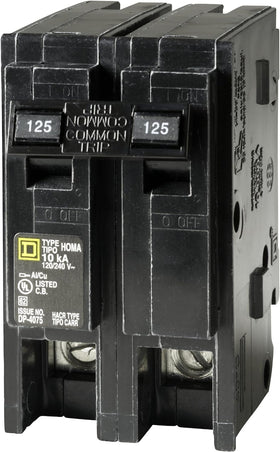 Square D Homeline 125A 2-pole breaker dimensions show two-space footprint.