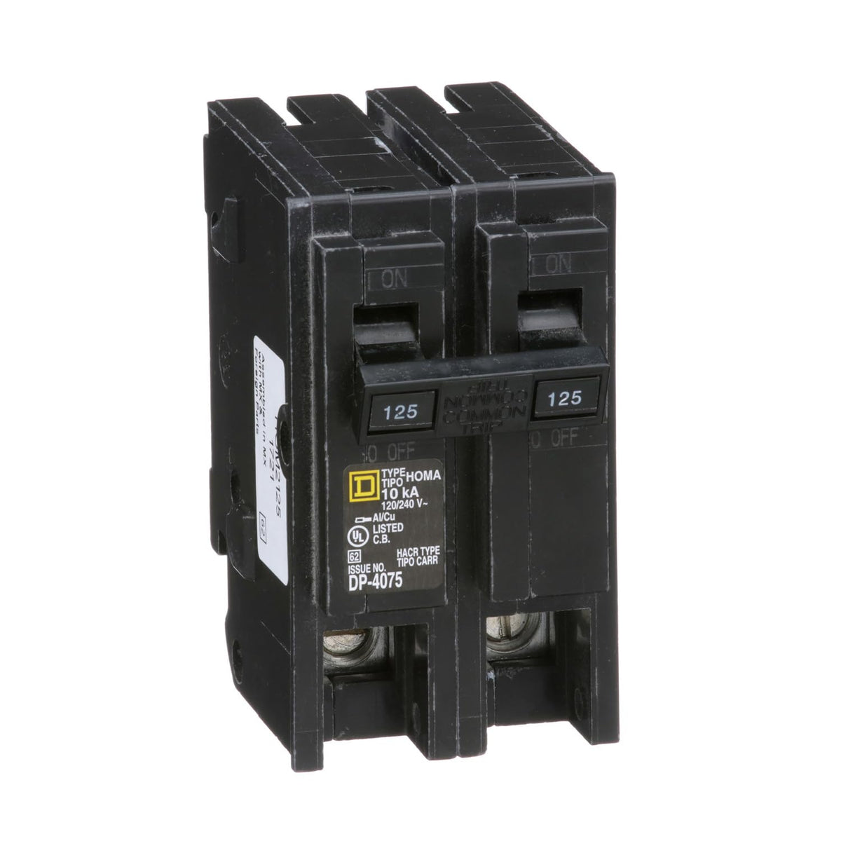 Square D Homeline 125A 2-pole breaker front view for quick installation.