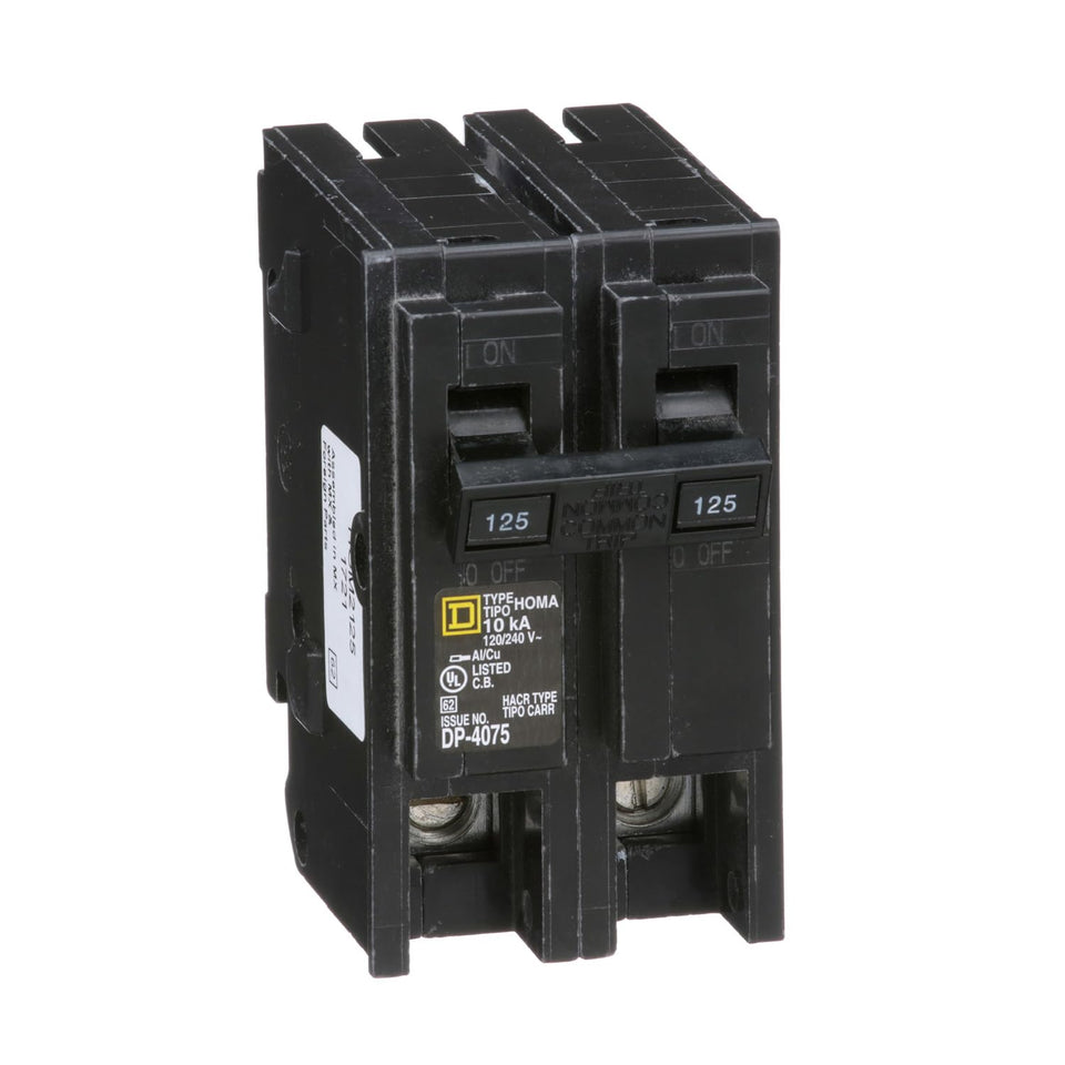 Square D Homeline 125A 2-pole breaker front view for quick installation.