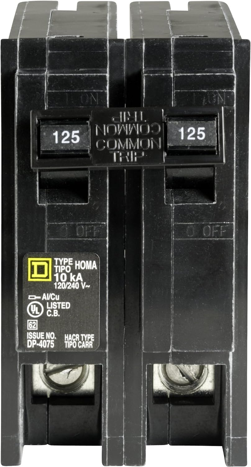 Square D Homeline 125A 2-pole breaker label indicates HACR-rated protection.