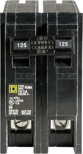 Square D Homeline 125A 2-pole breaker label indicates HACR-rated protection.