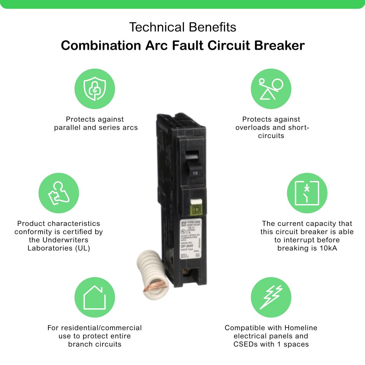 Square D Homeline 15A mini breaker with pigtail neutral enabling quick power-up in compatible panels