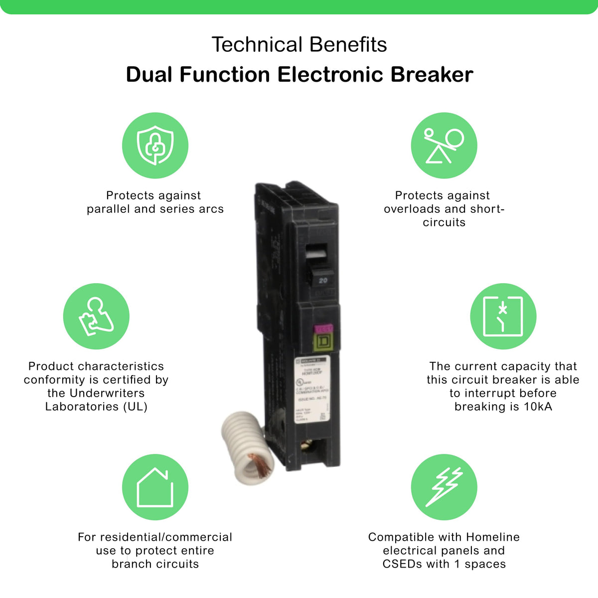 Square D Homeline 20A breaker with pigtail neutral connection enabling quick install
