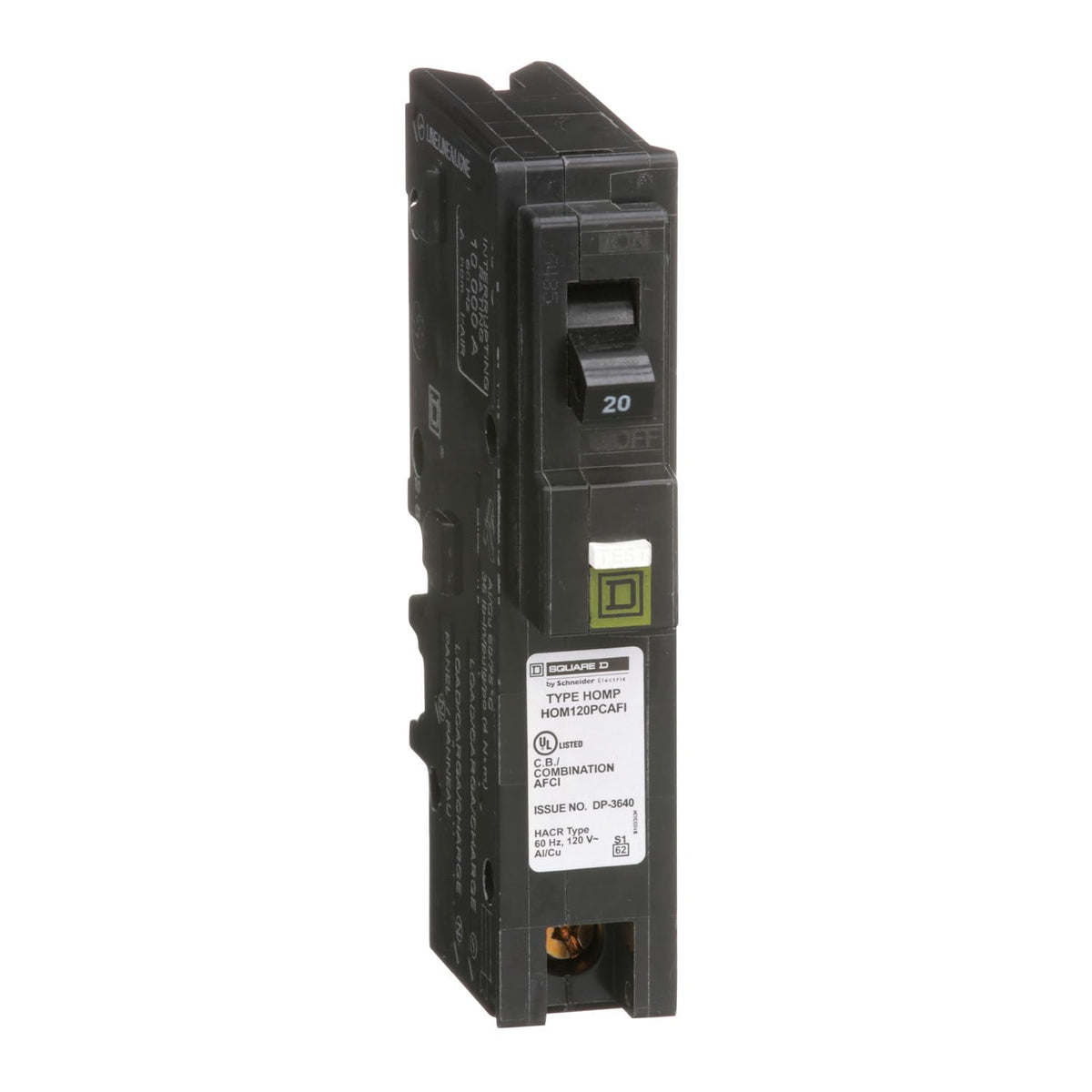Square D Homeline 20A CAFI breaker close-up shows compact, space-saving design.