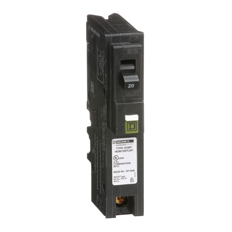 Square D Homeline 20A CAFI breaker close-up shows compact, space-saving design.